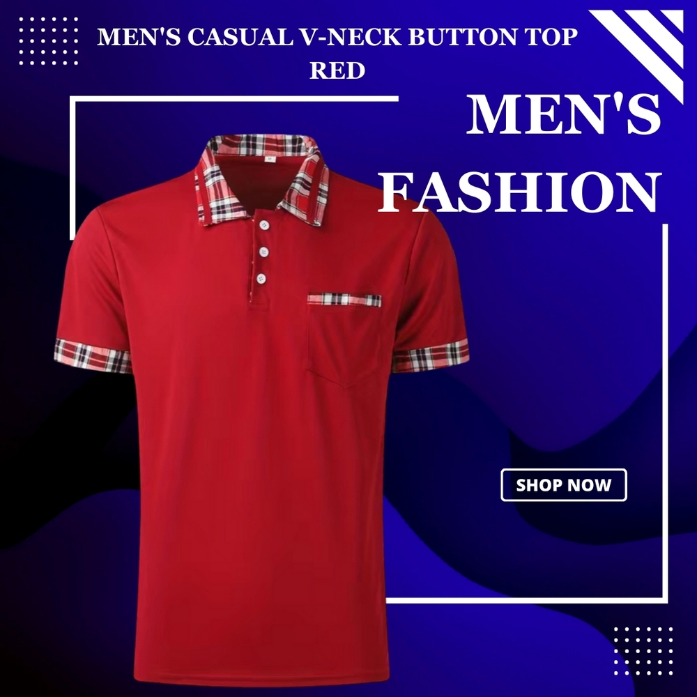 Men'n Casual V-Neck Button Shirt  in RED